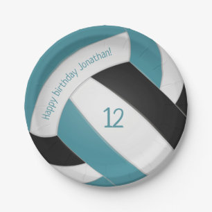 teal black boys girls volleyball party paper plate