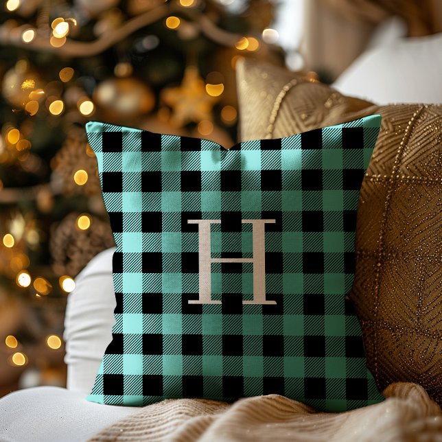 Teal Black Buffalo Plaid Monogram Holiday Throw Pillow (Creator Uploaded)