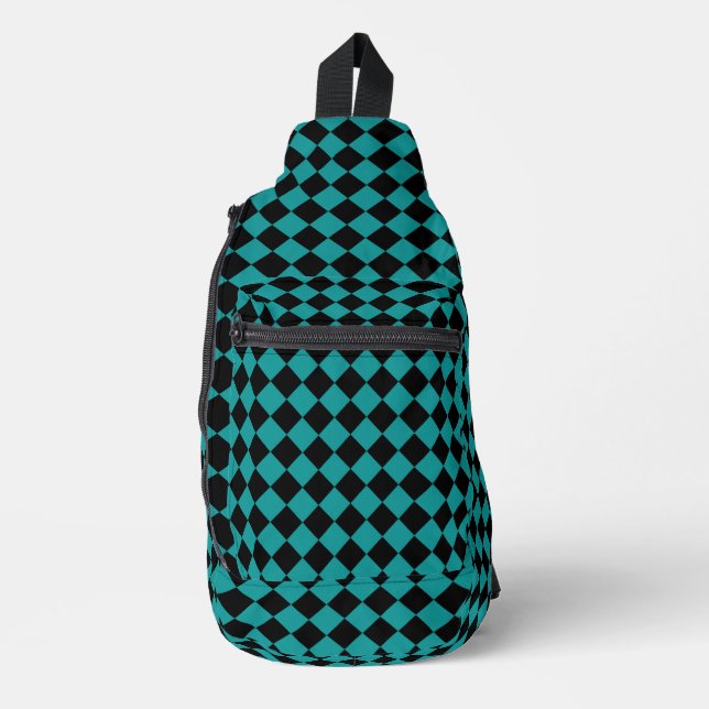 Teal Black Checker Diamond Pattern Sling Bag (Front)