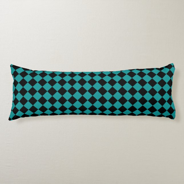 Teal Black Chequered Diamond Pattern Body Pillow (Front)