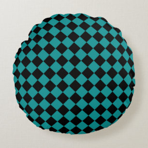 Teal Black Chequered Diamond Pattern Round Pillow