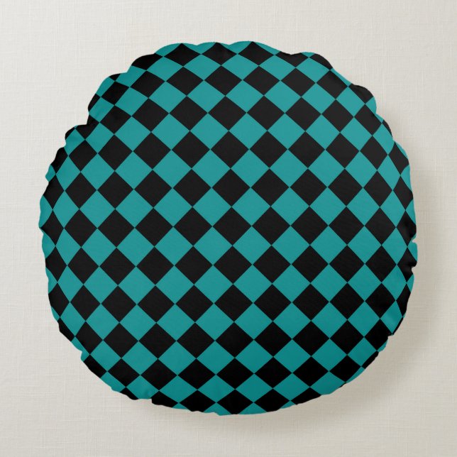Teal Black Chequered Diamond Pattern Round Pillow (Front)