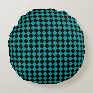 Teal Black Chequered Diamond Pattern Round Pillow