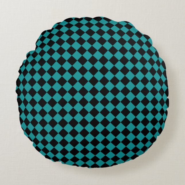 Teal Black Chequered Diamond Pattern Round Pillow (Front)
