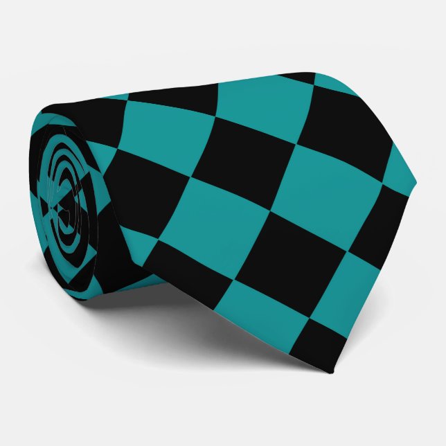 Teal Black Chequered Diamond Pattern Tie (Rolled)