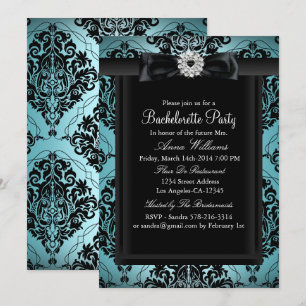 Teal & Black Chic Damask Bachelorette Party Invitation
