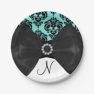 Teal & Black Damask Bling Bow Glam Sweet 16 Party Paper Plate