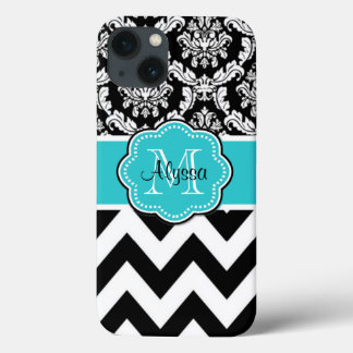 Teal Black Damask Chevron Monogram iPhone 13 Case