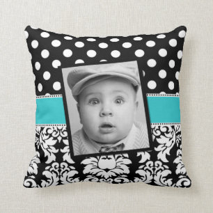 Teal Black Damask Dots Photo Pillow