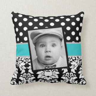Teal Black Damask Dots Photo Pillow