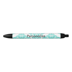 Teal & Black Damask Elegant Personalized Chic Blue Ink Pen