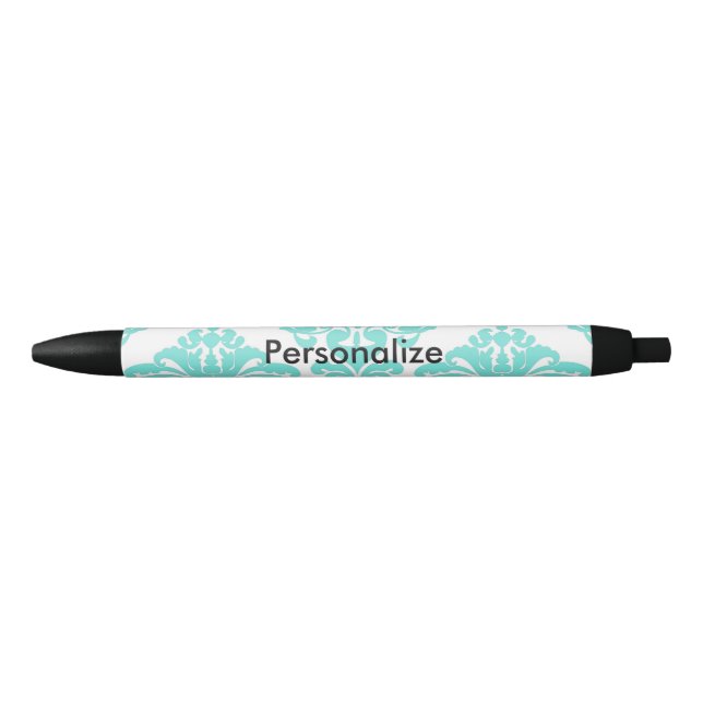 Teal & Black Damask Elegant Personalized Chic Blue Ink Pen (Front)