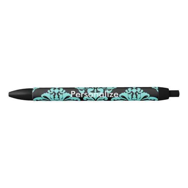 Teal & Black Damask Elegant Personalized Chic Blue Ink Pen (Front)