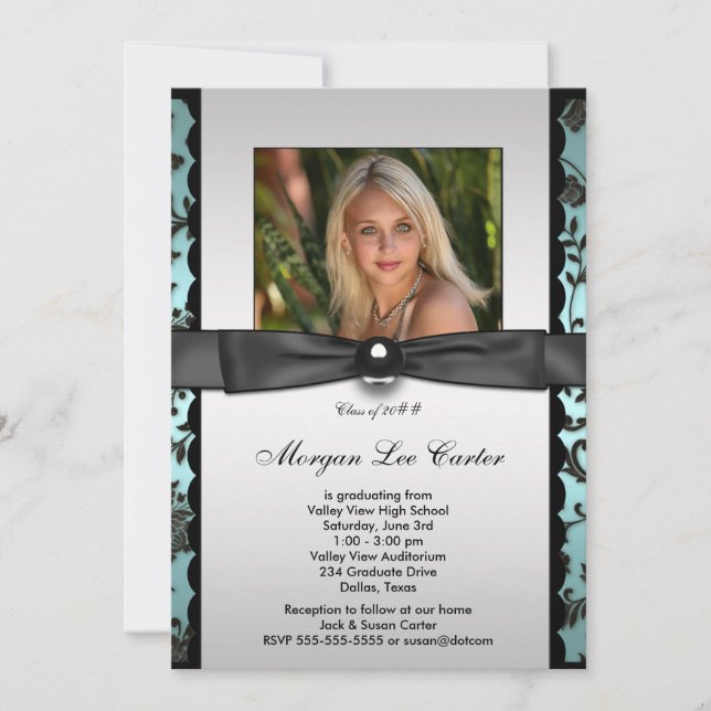 Teal Black Damask Photo Graduation Invitation (Front)