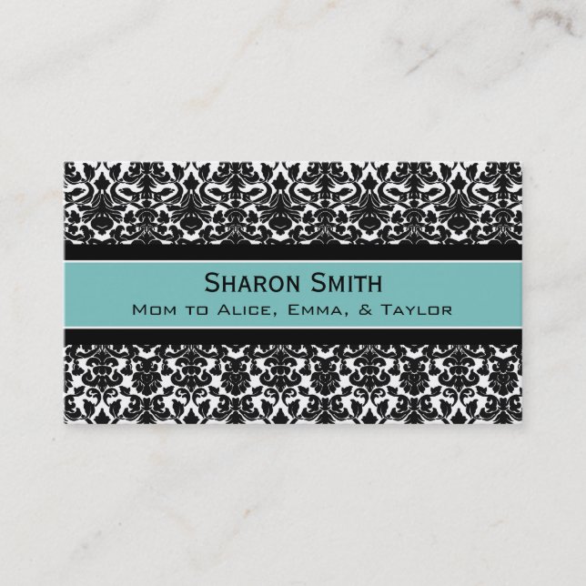 Teal Black Damask Retro Mom Calling Cards (Front)