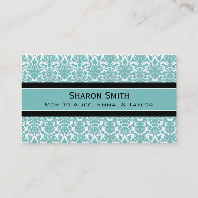Teal Black Damask Retro Mom Calling Cards (Front)