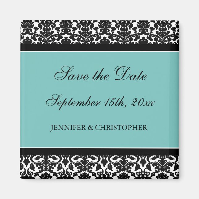 Teal Black Damask Save the Date Magnet (Front)