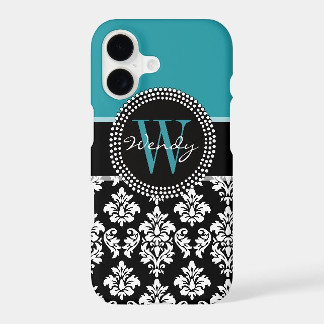 Teal, Black Damask Your Initial, Your Name (Back)