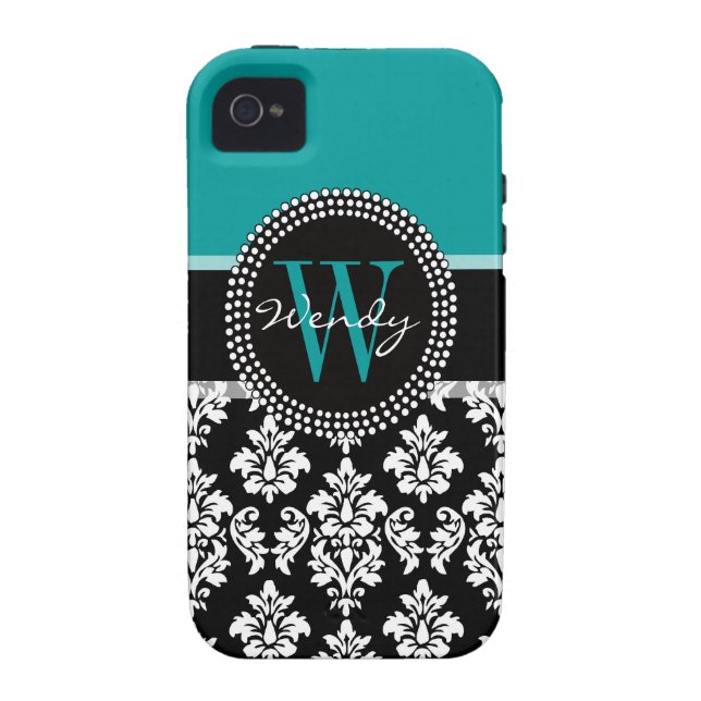 Teal, Black Damask Your Initial, Your Name Case-Mate iPhone Case (Back)