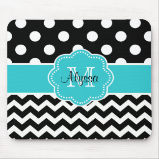 Teal Black Dots Chevron Personalized Mousepad