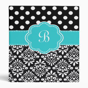 Teal Black Dots Damask Monogram Binder