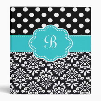 Teal Black Dots Damask Monogram Binder