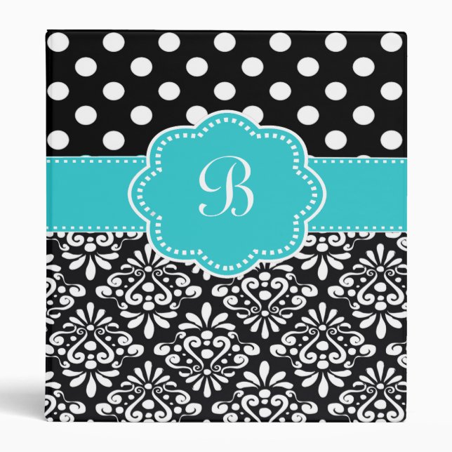 Teal Black Dots Damask Monogram Binder (Front)