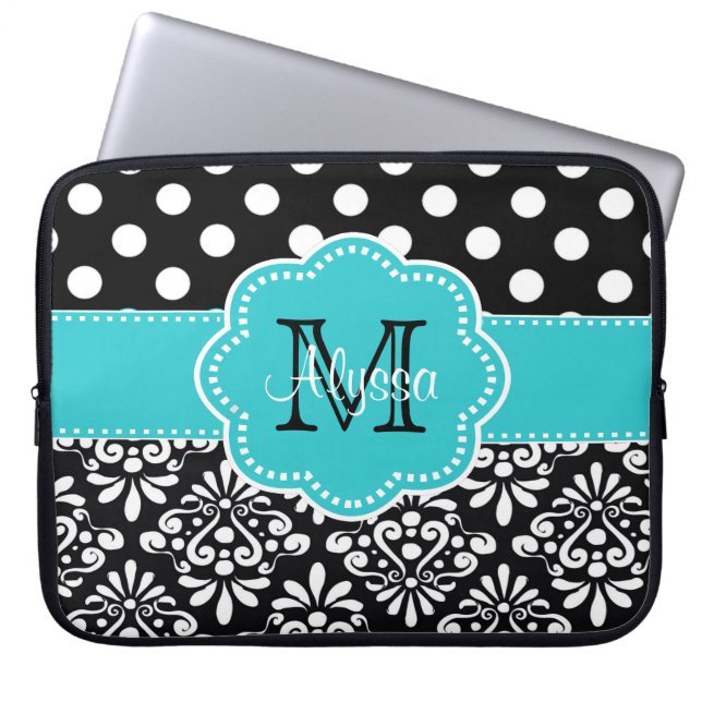 Teal Black Dots Damask Personalized Computer Case (Front)