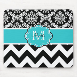 Teal Black Dots Damask Personalized Mousepad