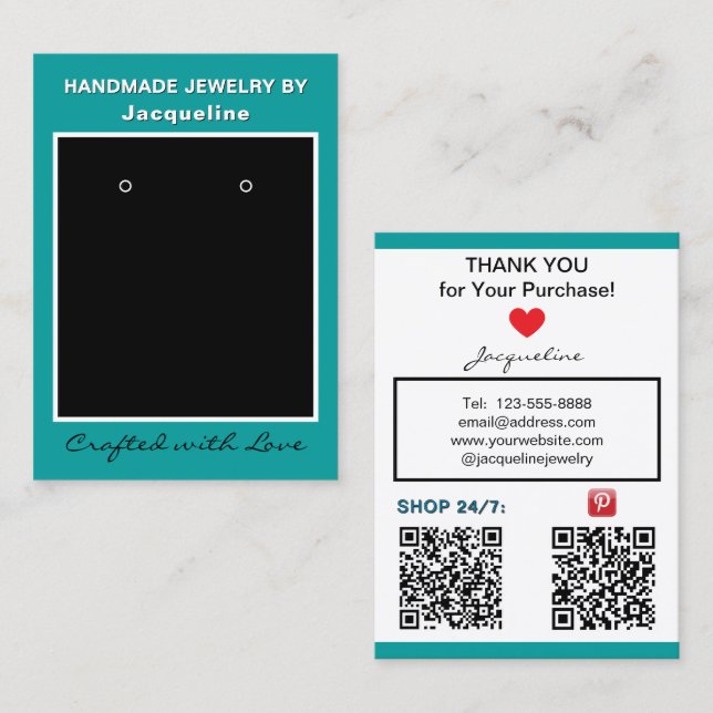 Teal Black Earrings Edit Social Media QR Codes Business Card (Front/Back)