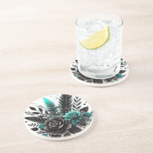 Teal & Black Floral Coaster