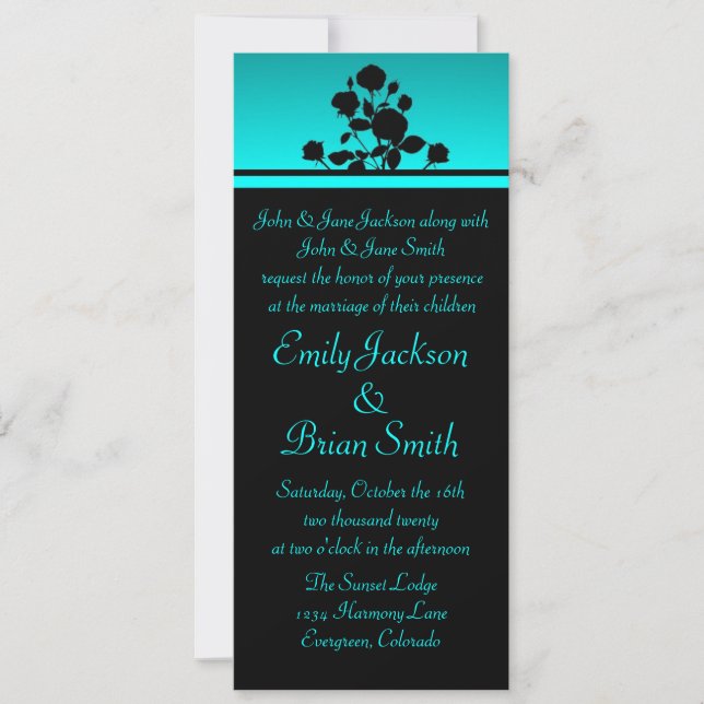 Teal black floral custom wedding invitations (Front)