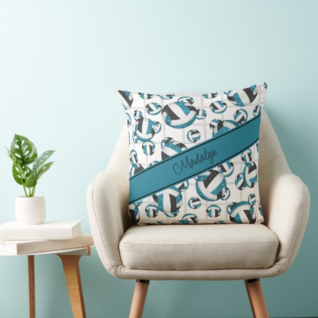 Teal black girly volleyballs pattern net accent throw pillow (Chair)