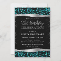 Teal & Black Glitter Leopard Spots 21st Birthday