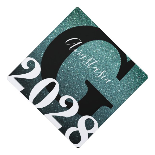 Teal Black Glitter Ombre Monogram Name Graduation Graduation Cap Topper (Front)