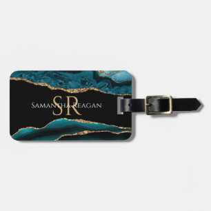 Teal Black & Gold Agate, DIY Name Monogram & Info Luggage Tag