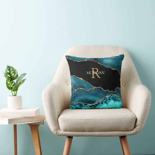 Teal Black Gold Agate, White Name Gold Monogram Throw Pillow (Chair)