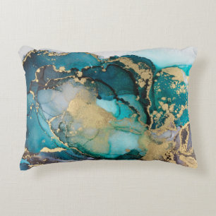 Teal Black Gold Alcohol Ink Fluid Artabstract,art, Accent Pillow