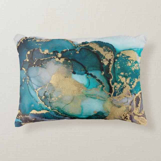Teal Black Gold Alcohol Ink Fluid Artabstract,art, Accent Pillow (Front)