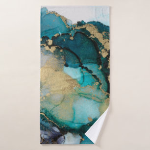 Teal Black Gold Alcohol Ink Fluid Artabstract,art, Bath Towel
