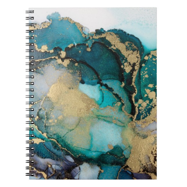Teal Black Gold Alcohol Ink Fluid Artabstract,art, Notebook (Front)