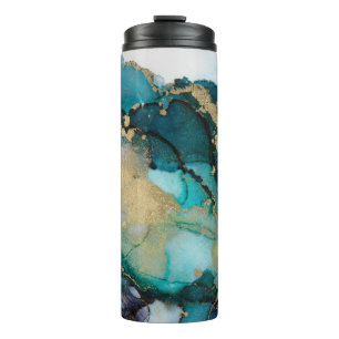 Teal Black Gold Alcohol Ink Fluid Artabstract,art, Thermal Tumbler