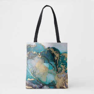Teal Black Gold Alcohol Ink Fluid Artabstract,art, Tote Bag