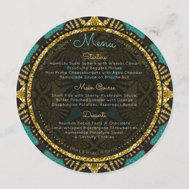 Teal Black Gold Eastern Round Wedding Menu Cards (Front)