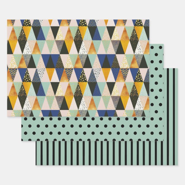Teal Black Gold Geometric Polka Dots Stripe Wrapping Paper Sheet (Set)