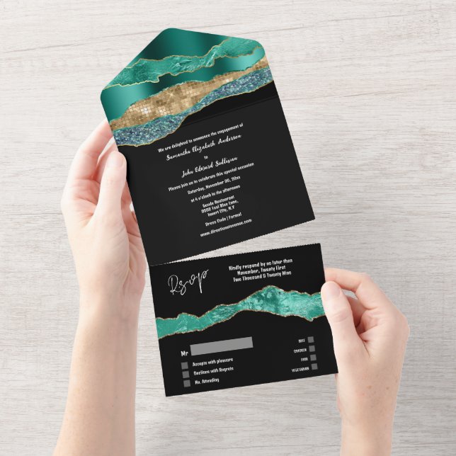 Teal black gold marble agate elegant engagement  all in one invitation (Tearaway)