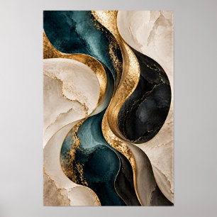 Teal Black Gold Sculptural Flow Abstract Wall Art