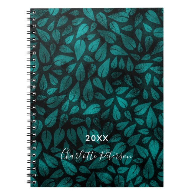 Teal black green foliage leaves name notebook (Front)
