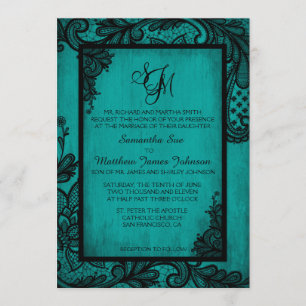 Teal Black Lace Gothic Wedding Invitation Card