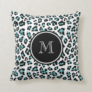 Teal Black Leopard Animal Print with Monogram Throw Pillow
